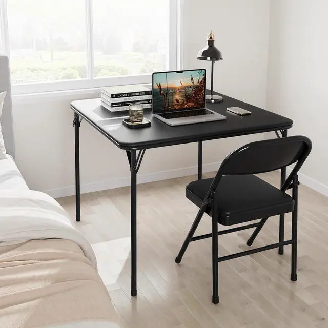 Alt view image 3 of 6 - Folding Portable Card Table and Foldable Chair Set of 5, Pu Upholstered Foldable Chairs and Table With Metal Frame, Folding Table and Chair Suitable for Dining Room, Living Room, Office, Camping-Black