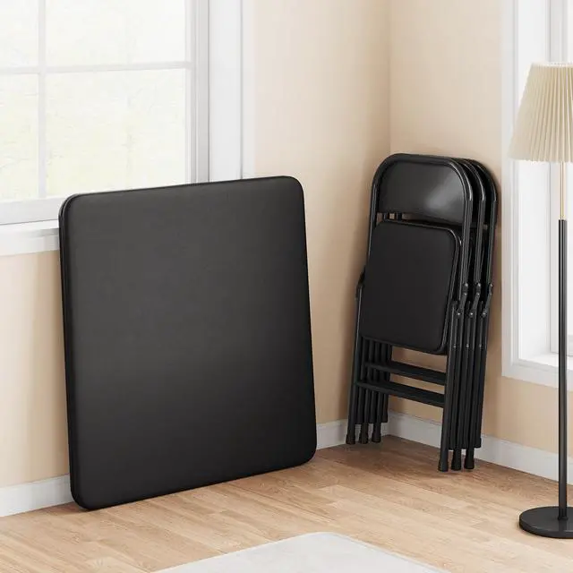 Alt view image 4 of 6 - Folding Portable Card Table and Foldable Chair Set of 5, Pu Upholstered Foldable Chairs and Table With Metal Frame, Folding Table and Chair Suitable for Dining Room, Living Room, Office, Camping-Black