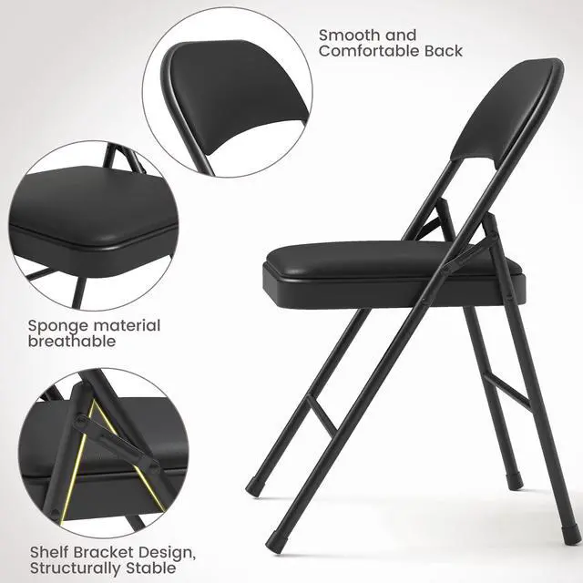 Alt view image 5 of 6 - Folding Portable Card Table and Foldable Chair Set of 5, Pu Upholstered Foldable Chairs and Table With Metal Frame, Folding Table and Chair Suitable for Dining Room, Living Room, Office, Camping-Black