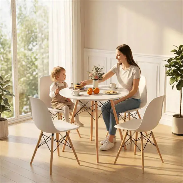 Alt view image 2 of 6 - Round Dining Table Set for 4, Modern Circle Kitchen Table & 4 Chairs with Ergonomic Seats and Solid Wood Legs, 5-Piece Dining Room Set for Small Spaces, Kitchen, Living Room