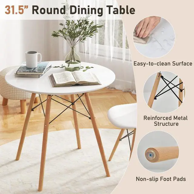 Alt view image 3 of 6 - Round Dining Table Set for 4, Modern Circle Kitchen Table & 4 Chairs with Ergonomic Seats and Solid Wood Legs, 5-Piece Dining Room Set for Small Spaces, Kitchen, Living Room