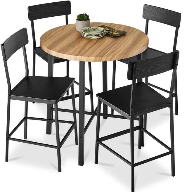 Main image of 5-Piece Modern Round Counter Height Dining Set for Home Kitchen, Dining Room w/ 4 Chairs, 1.5in Thick Table - Light Brown/Black