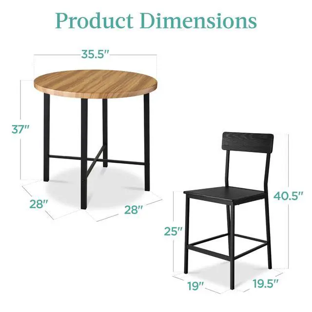 Alt view image 2 of 6 - 5-Piece Modern Round Counter Height Dining Set for Home Kitchen, Dining Room w/ 4 Chairs, 1.5in Thick Table - Light Brown/Black