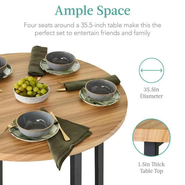 Alt view image 4 of 6 - 5-Piece Modern Round Counter Height Dining Set for Home Kitchen, Dining Room w/ 4 Chairs, 1.5in Thick Table - Light Brown/Black