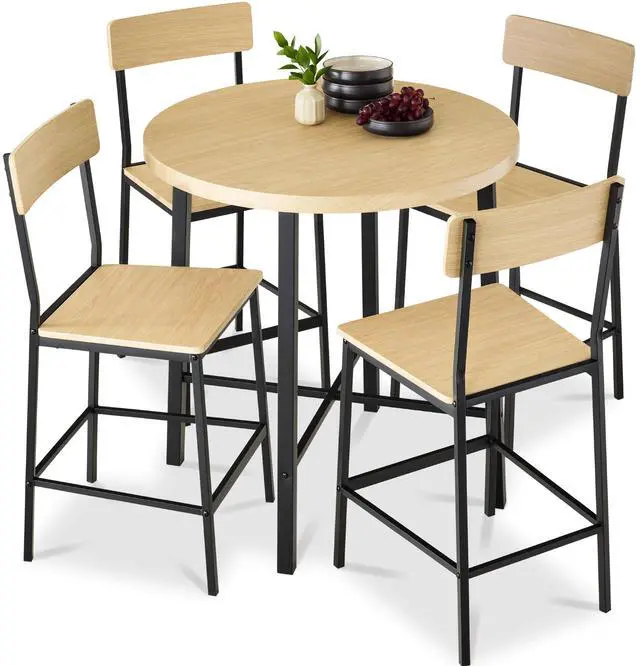 Main image of 5-Piece Modern Round Counter Height Dining Set for Home Kitchen, Dining Room w/ 4 Chairs, 1.5in Thick Table - Natural