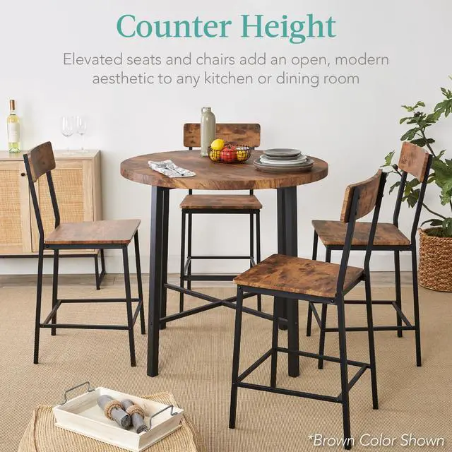 Alt view image 3 of 6 - 5-Piece Modern Round Counter Height Dining Set for Home Kitchen, Dining Room w/ 4 Chairs, 1.5in Thick Table - Natural