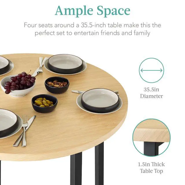 Alt view image 4 of 6 - 5-Piece Modern Round Counter Height Dining Set for Home Kitchen, Dining Room w/ 4 Chairs, 1.5in Thick Table - Natural