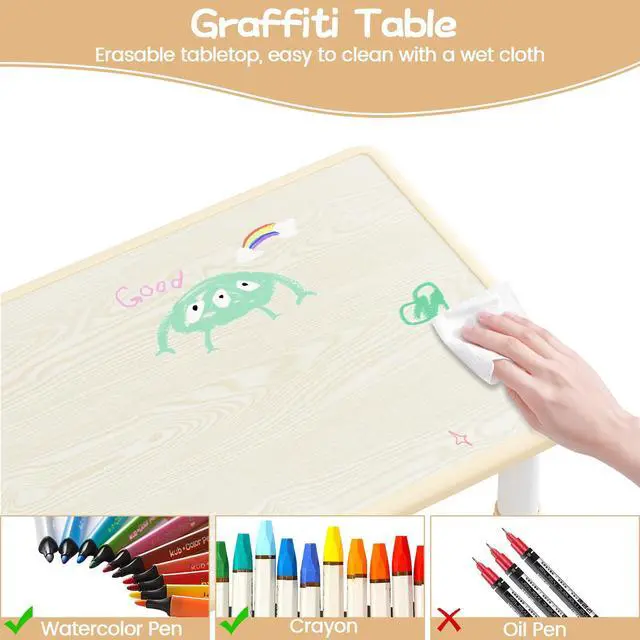 Alt view image 3 of 6 - Kids Table and 2 Chairs Set with Graffiti Desktop, Height Adjustable Toddler Table and Chairs Set for Reading, Drawing, Playing, Eating