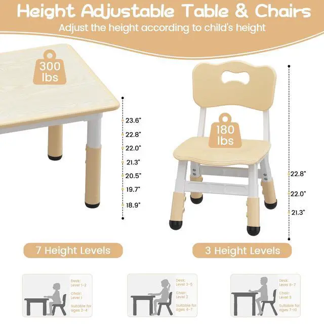 Alt view image 4 of 6 - Kids Table and 2 Chairs Set with Graffiti Desktop, Height Adjustable Toddler Table and Chairs Set for Reading, Drawing, Playing, Eating