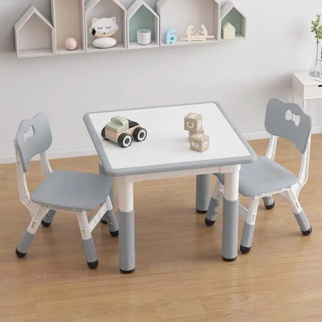 Alt view image 2 of 6 - Kids Table and 2 Chairs Set with Graffiti Desktop, Height Adjustable Toddler Table and Chairs Set for Reading, Drawing, Playing, Eating