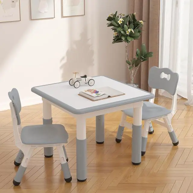 Alt view image 3 of 6 - Kids Table and 2 Chairs Set with Graffiti Desktop, Height Adjustable Toddler Table and Chairs Set for Reading, Drawing, Playing, Eating