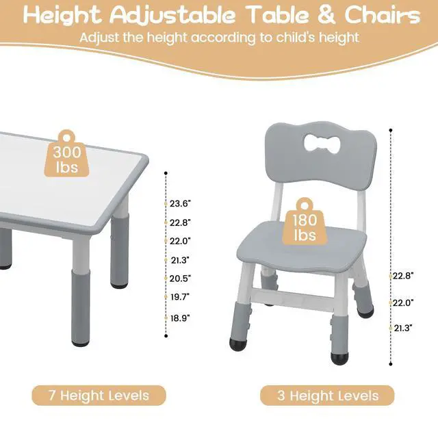 Alt view image 4 of 6 - Kids Table and 2 Chairs Set with Graffiti Desktop, Height Adjustable Toddler Table and Chairs Set for Reading, Drawing, Playing, Eating