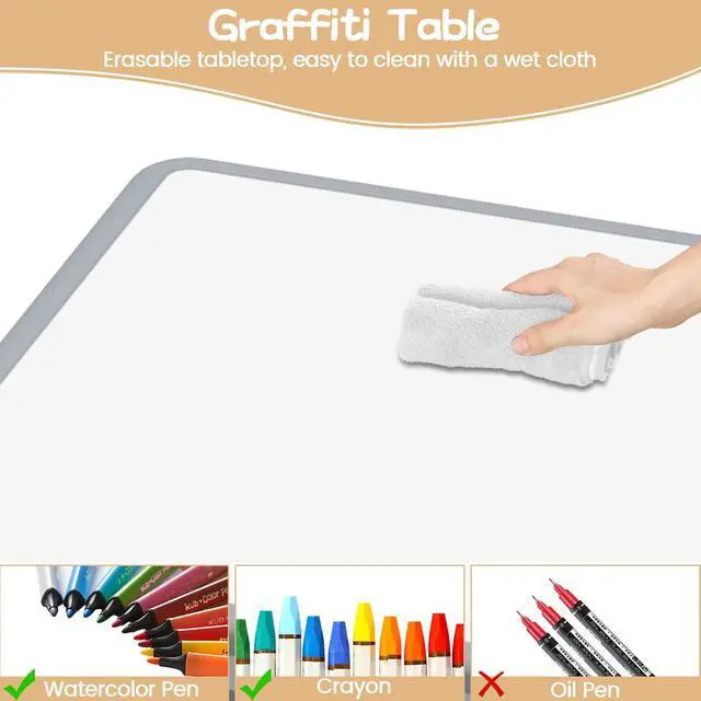 Alt view image 5 of 6 - Kids Table and 2 Chairs Set with Graffiti Desktop, Height Adjustable Toddler Table and Chairs Set for Reading, Drawing, Playing, Eating