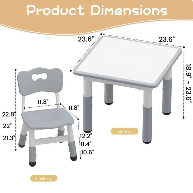 Alt view image 6 of 6 - Kids Table and 2 Chairs Set with Graffiti Desktop, Height Adjustable Toddler Table and Chairs Set for Reading, Drawing, Playing, Eating