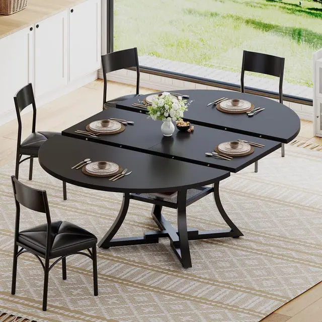 Main image of Round Extendable Dining Table Set for 4-6 People, 5-Piece Kitchen Table Set with 4 Cushion Chairs, Dining Room Table for 6 with MDF Board & Metal Frame for Small Space, Easy Clean, Black