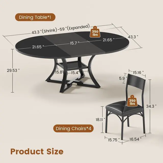 Alt view image 2 of 6 - Round Extendable Dining Table Set for 4-6 People, 5-Piece Kitchen Table Set with 4 Cushion Chairs, Dining Room Table for 6 with MDF Board & Metal Frame for Small Space, Easy Clean, Black