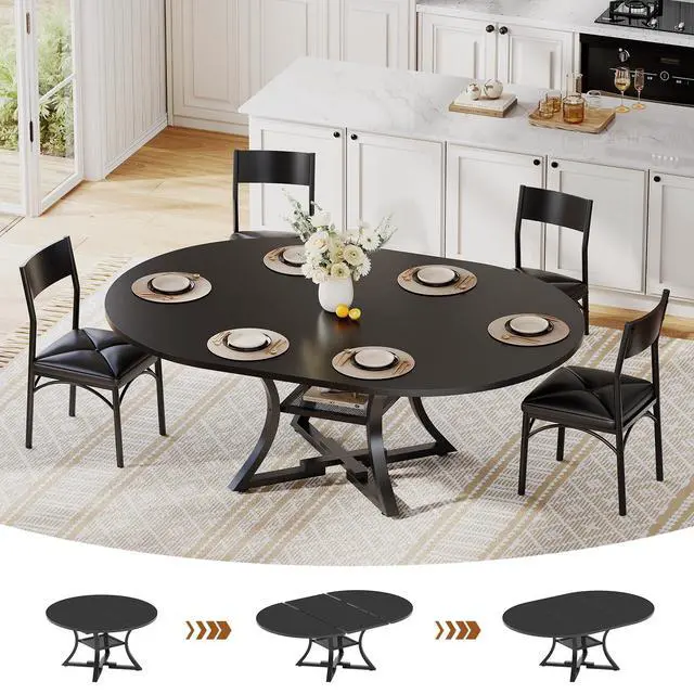 Alt view image 3 of 6 - Round Extendable Dining Table Set for 4-6 People, 5-Piece Kitchen Table Set with 4 Cushion Chairs, Dining Room Table for 6 with MDF Board & Metal Frame for Small Space, Easy Clean, Black