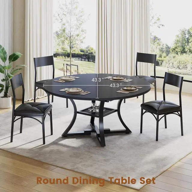 Alt view image 4 of 6 - Round Extendable Dining Table Set for 4-6 People, 5-Piece Kitchen Table Set with 4 Cushion Chairs, Dining Room Table for 6 with MDF Board & Metal Frame for Small Space, Easy Clean, Black