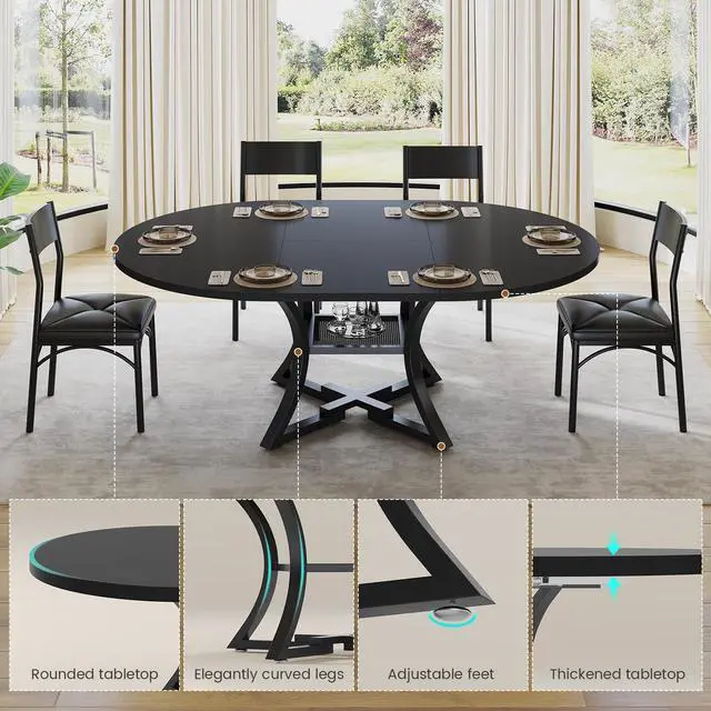 Alt view image 6 of 6 - Round Extendable Dining Table Set for 4-6 People, 5-Piece Kitchen Table Set with 4 Cushion Chairs, Dining Room Table for 6 with MDF Board & Metal Frame for Small Space, Easy Clean, Black