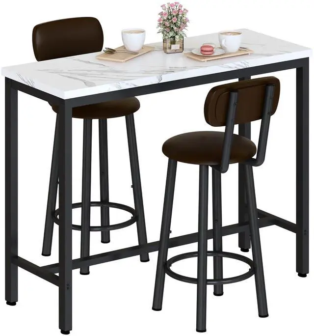 Main image of Faux Marble Pub Height Table with 2 PU Upholstered Stools,3-Piece Kitchen Table and Chairs,Suit for Dining Room & Living Room & Breakfast Nook,Space Saving Set for 2,White & Brown,39.3"