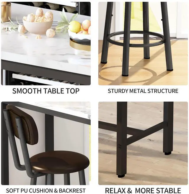 Alt view image 6 of 6 - Faux Marble Pub Height Table with 2 PU Upholstered Stools,3-Piece Kitchen Table and Chairs,Suit for Dining Room & Living Room & Breakfast Nook,Space Saving Set for 2,White & Brown,39.3"