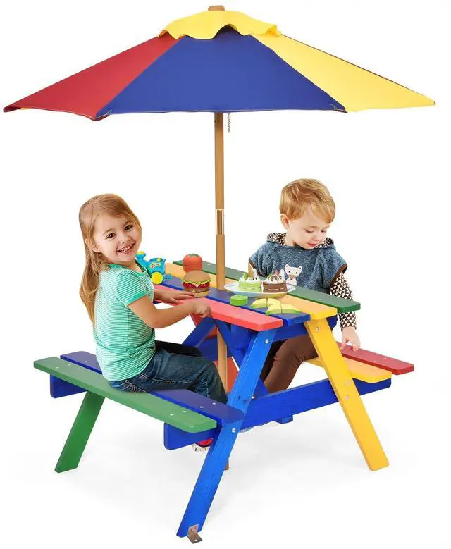 Main image of Kids Picnic Table, Fir Wood Kids Outdoor Table and Chairs with Removable Umbrella, Toddler Picnic Table for Patio, Backyard, Garden (Multicolor)