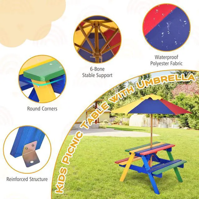 Alt view image 2 of 6 - Kids Picnic Table, Fir Wood Kids Outdoor Table and Chairs with Removable Umbrella, Toddler Picnic Table for Patio, Backyard, Garden (Multicolor)