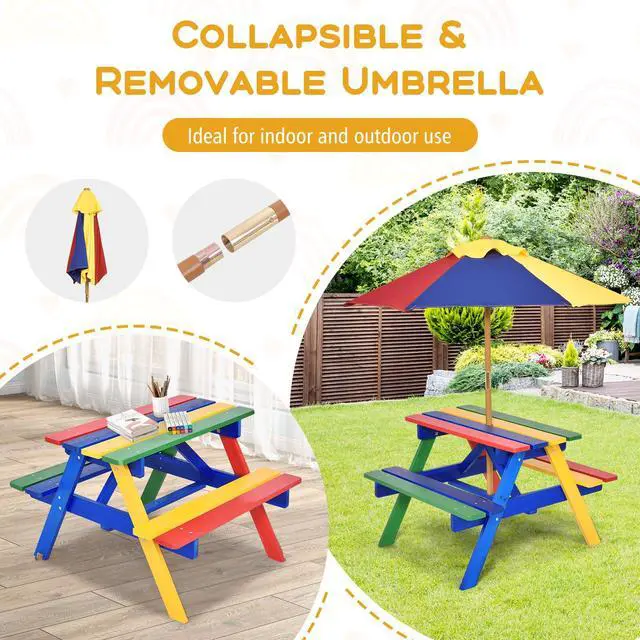 Alt view image 3 of 6 - Kids Picnic Table, Fir Wood Kids Outdoor Table and Chairs with Removable Umbrella, Toddler Picnic Table for Patio, Backyard, Garden (Multicolor)