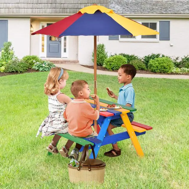 Alt view image 4 of 6 - Kids Picnic Table, Fir Wood Kids Outdoor Table and Chairs with Removable Umbrella, Toddler Picnic Table for Patio, Backyard, Garden (Multicolor)