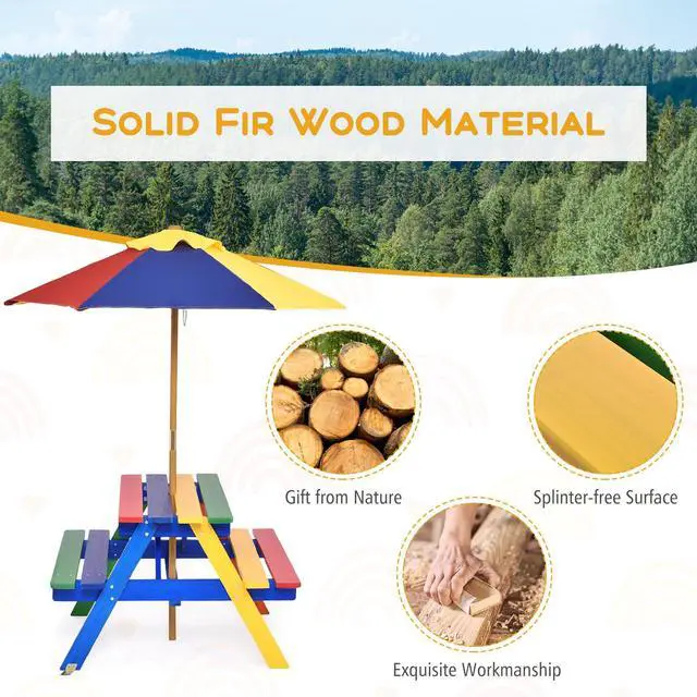 Alt view image 5 of 6 - Kids Picnic Table, Fir Wood Kids Outdoor Table and Chairs with Removable Umbrella, Toddler Picnic Table for Patio, Backyard, Garden (Multicolor)