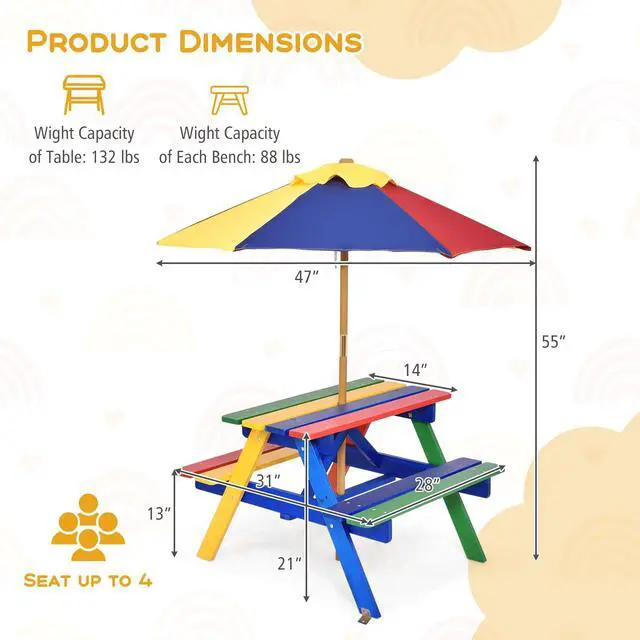 Alt view image 6 of 6 - Kids Picnic Table, Fir Wood Kids Outdoor Table and Chairs with Removable Umbrella, Toddler Picnic Table for Patio, Backyard, Garden (Multicolor)