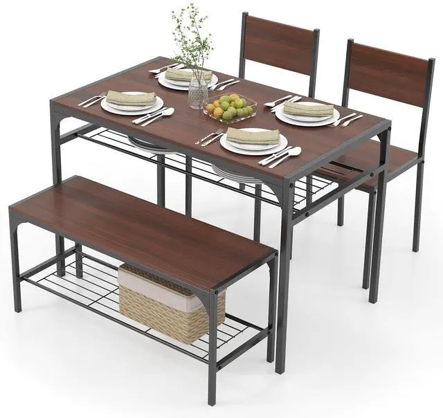 Main image of Dining Table Set for 4, Dinette Set with Bench, Storage Racks, Metal Frame & Space-Saving, Industrial Kitchen Table and Chairs for Small Space, Apartment, Walnut | 4-Piece Dinette Set, Non-Slip Foot P