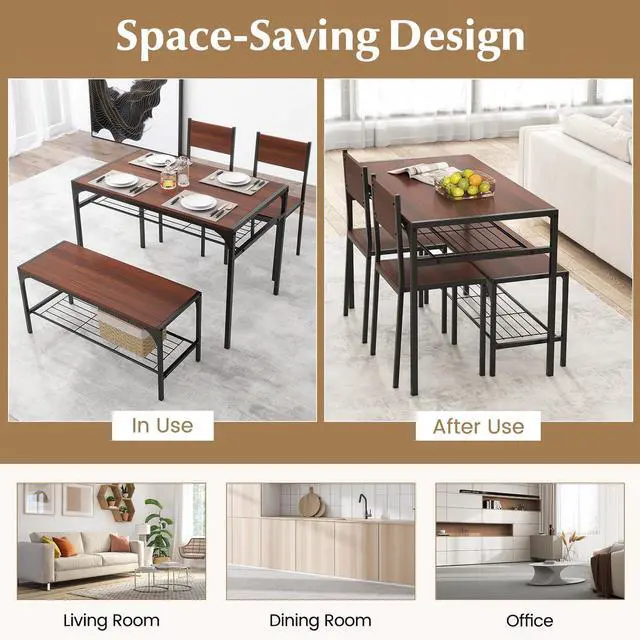 Alt view image 2 of 6 - Dining Table Set for 4, Dinette Set with Bench, Storage Racks, Metal Frame & Space-Saving, Industrial Kitchen Table and Chairs for Small Space, Apartment, Walnut | 4-Piece Dinette Set, Non-Slip Foot P