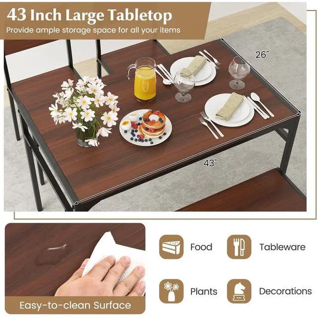 Alt view image 3 of 6 - Dining Table Set for 4, Dinette Set with Bench, Storage Racks, Metal Frame & Space-Saving, Industrial Kitchen Table and Chairs for Small Space, Apartment, Walnut | 4-Piece Dinette Set, Non-Slip Foot P