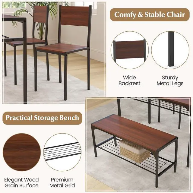 Alt view image 4 of 6 - Dining Table Set for 4, Dinette Set with Bench, Storage Racks, Metal Frame & Space-Saving, Industrial Kitchen Table and Chairs for Small Space, Apartment, Walnut | 4-Piece Dinette Set, Non-Slip Foot P