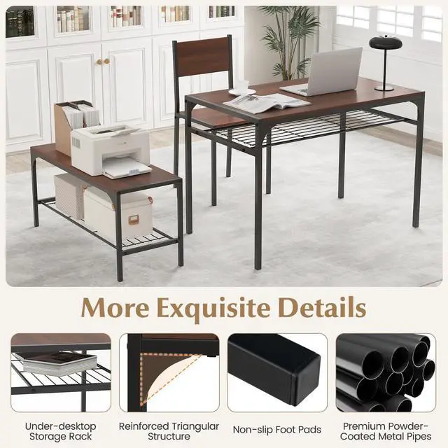 Alt view image 5 of 6 - Dining Table Set for 4, Dinette Set with Bench, Storage Racks, Metal Frame & Space-Saving, Industrial Kitchen Table and Chairs for Small Space, Apartment, Walnut | 4-Piece Dinette Set, Non-Slip Foot P