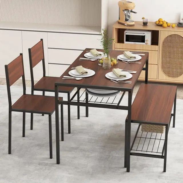 Alt view image 6 of 6 - Dining Table Set for 4, Dinette Set with Bench, Storage Racks, Metal Frame & Space-Saving, Industrial Kitchen Table and Chairs for Small Space, Apartment, Walnut | 4-Piece Dinette Set, Non-Slip Foot P
