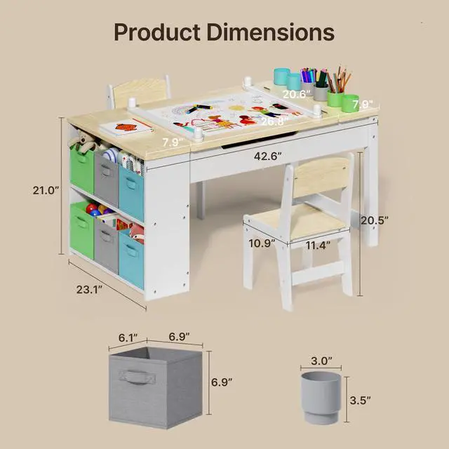 Alt view image 2 of 6 - Kids Art Table and Chairs with Removable Tabletop Storage,Toddler Craft Table and Chair Set for Drawing Studying Playing Wooden Kid Acitivity Table in Playroom Kids Room Living Room, Natural