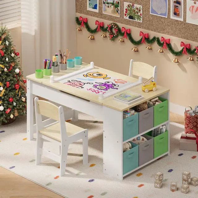 Alt view image 3 of 6 - Kids Art Table and Chairs with Removable Tabletop Storage,Toddler Craft Table and Chair Set for Drawing Studying Playing Wooden Kid Acitivity Table in Playroom Kids Room Living Room, Natural