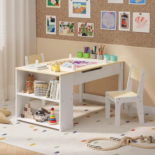 Alt view image 4 of 6 - Kids Art Table and Chairs with Removable Tabletop Storage,Toddler Craft Table and Chair Set for Drawing Studying Playing Wooden Kid Acitivity Table in Playroom Kids Room Living Room, Natural