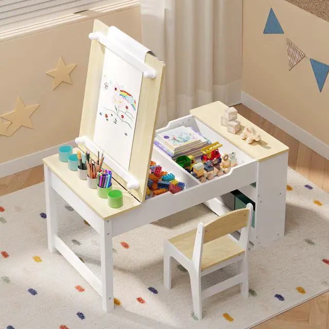 Alt view image 5 of 6 - Kids Art Table and Chairs with Removable Tabletop Storage,Toddler Craft Table and Chair Set for Drawing Studying Playing Wooden Kid Acitivity Table in Playroom Kids Room Living Room, Natural
