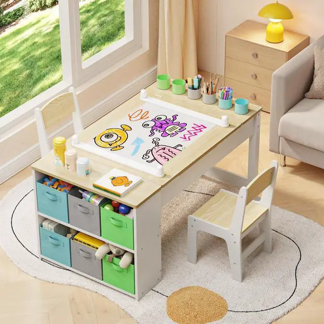 Alt view image 6 of 6 - Kids Art Table and Chairs with Removable Tabletop Storage,Toddler Craft Table and Chair Set for Drawing Studying Playing Wooden Kid Acitivity Table in Playroom Kids Room Living Room, Natural