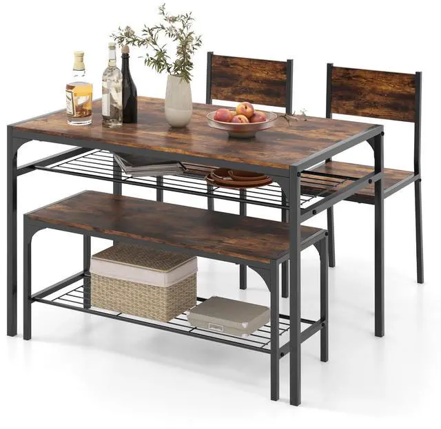 Main image of Dining Table Set for 4, Dinette Set with Bench, Storage Racks, Metal Frame & Space-Saving, Industrial Kitchen Table and Chairs for Small Space, Apartment, Rustic Brown