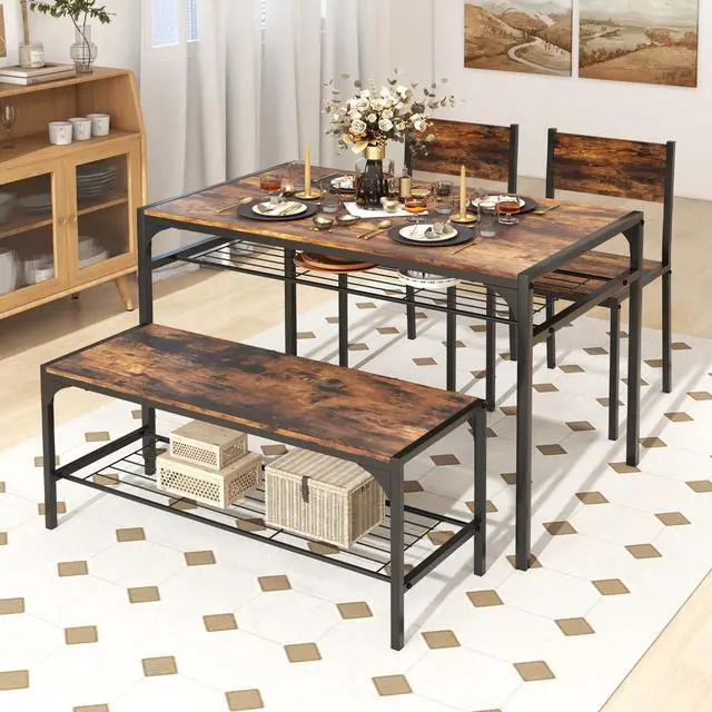 Alt view image 2 of 6 - Dining Table Set for 4, Dinette Set with Bench, Storage Racks, Metal Frame & Space-Saving, Industrial Kitchen Table and Chairs for Small Space, Apartment, Rustic Brown