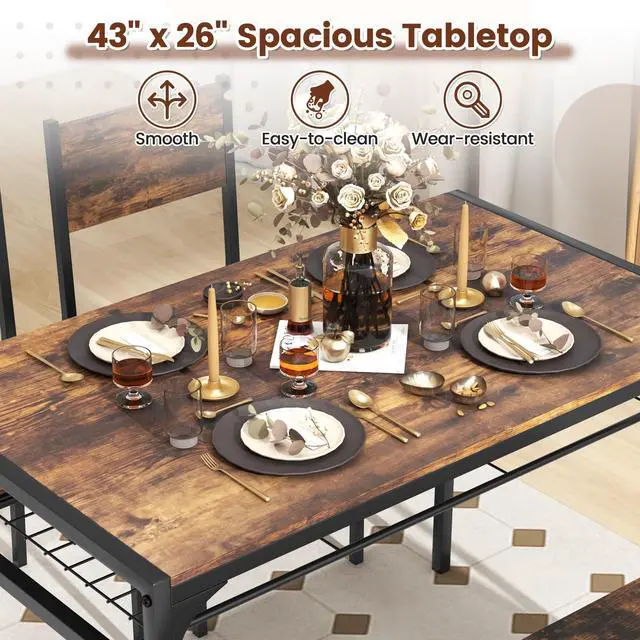 Alt view image 3 of 6 - Dining Table Set for 4, Dinette Set with Bench, Storage Racks, Metal Frame & Space-Saving, Industrial Kitchen Table and Chairs for Small Space, Apartment, Rustic Brown