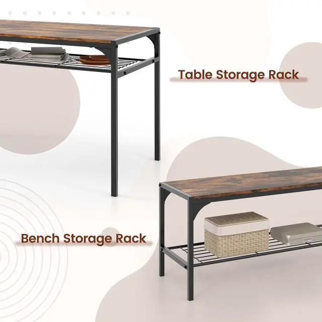 Alt view image 4 of 6 - Dining Table Set for 4, Dinette Set with Bench, Storage Racks, Metal Frame & Space-Saving, Industrial Kitchen Table and Chairs for Small Space, Apartment, Rustic Brown