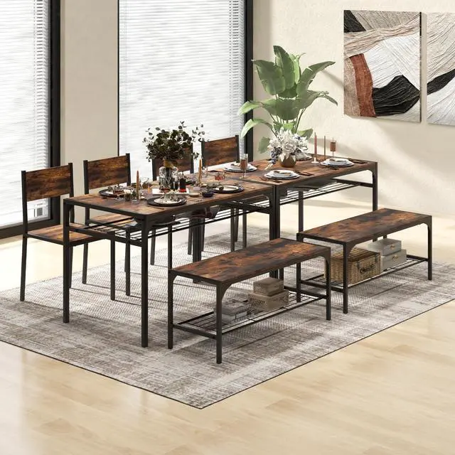 Alt view image 5 of 6 - Dining Table Set for 4, Dinette Set with Bench, Storage Racks, Metal Frame & Space-Saving, Industrial Kitchen Table and Chairs for Small Space, Apartment, Rustic Brown