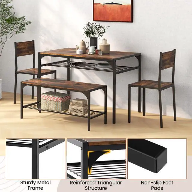 Alt view image 6 of 6 - Dining Table Set for 4, Dinette Set with Bench, Storage Racks, Metal Frame & Space-Saving, Industrial Kitchen Table and Chairs for Small Space, Apartment, Rustic Brown