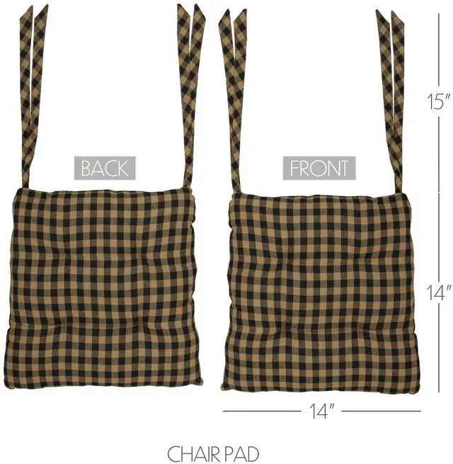 Alt view image 3 of 5 - 14"x14" Chair Cushion for Small Dining Chairs with Ties, Black Check Plaid, Primitive Farmhouse Indoor Kitchen Seat Cushion, Set of 2