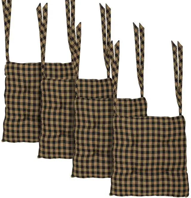 Main image of 14"x14" Chair Cushion for Small Dining Chairs with Ties, Black Check Plaid, Primitive Farmhouse Indoor Kitchen Seat Cushion, Set of 4
